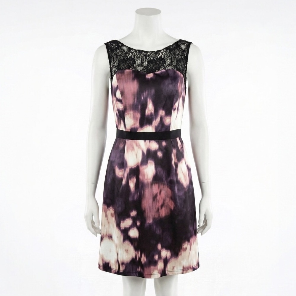 Lovely By Adrianna Papell Lace Yoke Watercolor Fit Flare Dress Size 4 Chic Party
